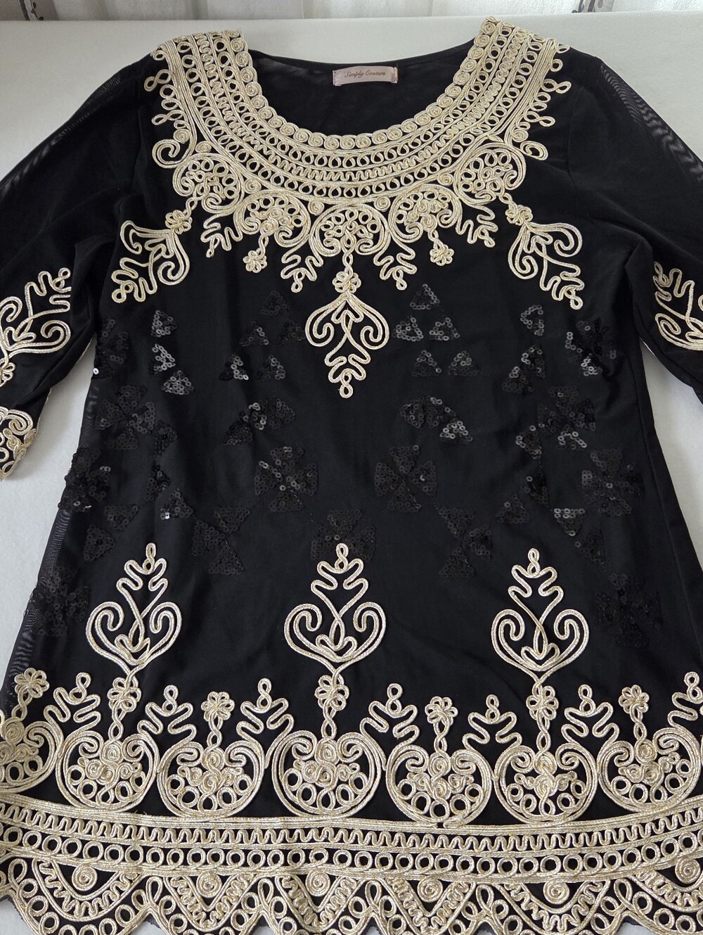 Simply Couture Black Tunic with Gold Embroidery. Size Medium